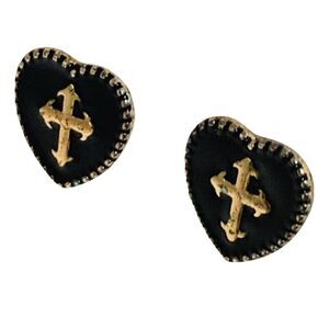 Black Gold Heart Stud Earrings 7/8" Arrow Cross Barby Lovecore